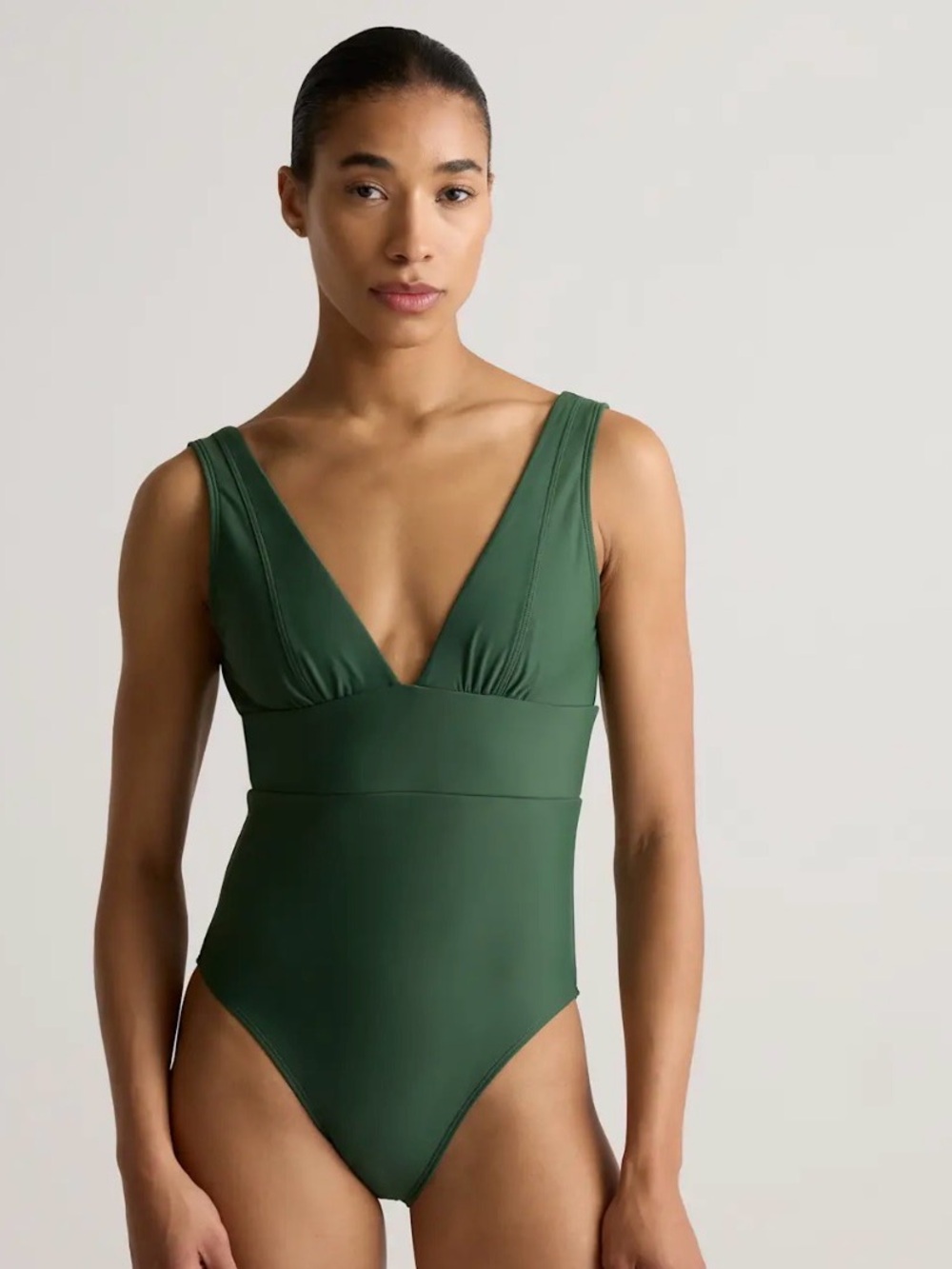 QUINCE Italian Plunge One-Piece Swimsuit, palm, L, NWT
